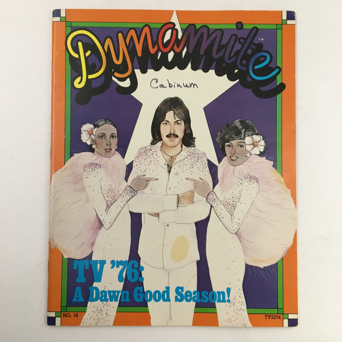 Vintage Dynamite Magazine #16 cover featuring a colorful design with a central figure and two characters, titled 'TV '76: A Dawn Good Season!'; highlights Elton John.