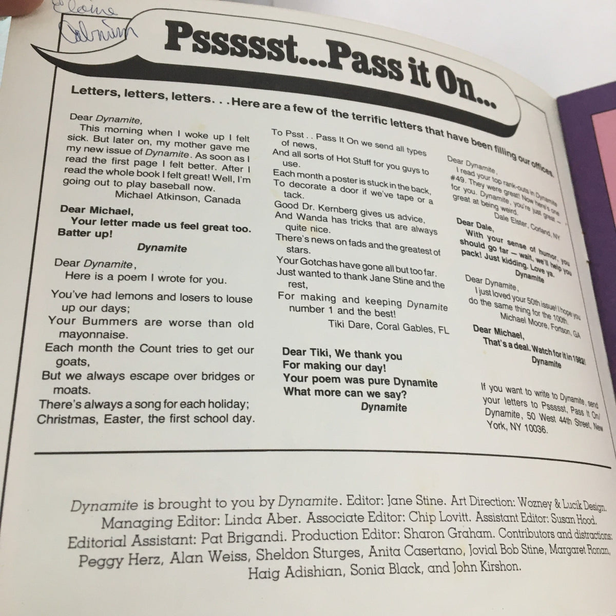 Interior page of Dynamite Magazine #54 displaying letters to the editor and fan interactions.