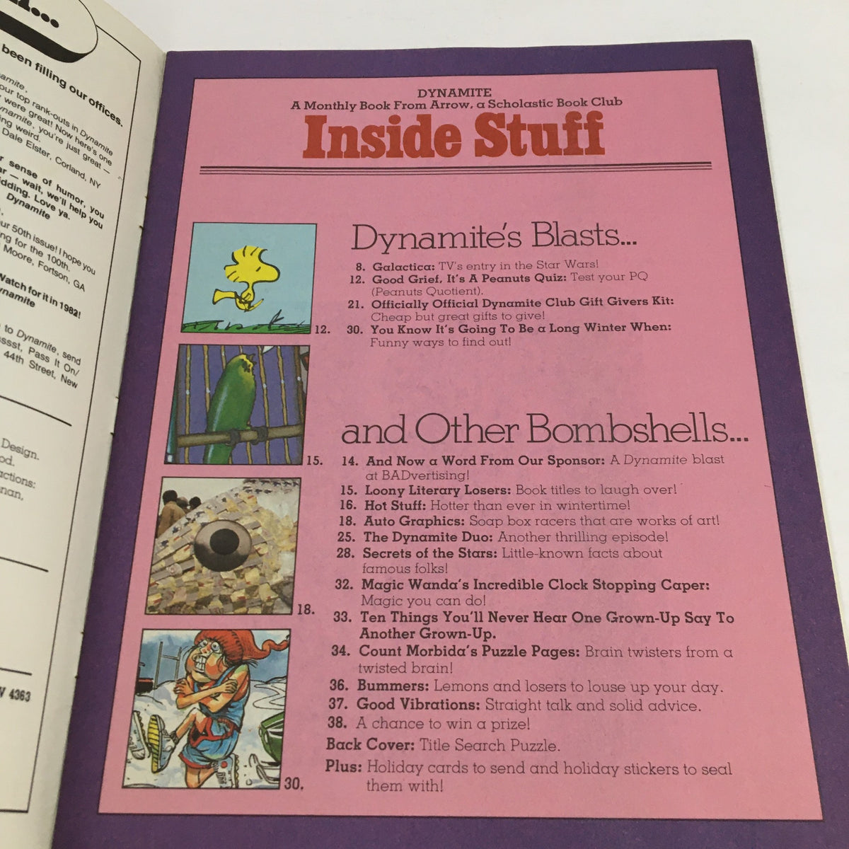 Inside page of Dynamite Magazine #54 listing contents including 'Secrets of the Stars' and featured articles.