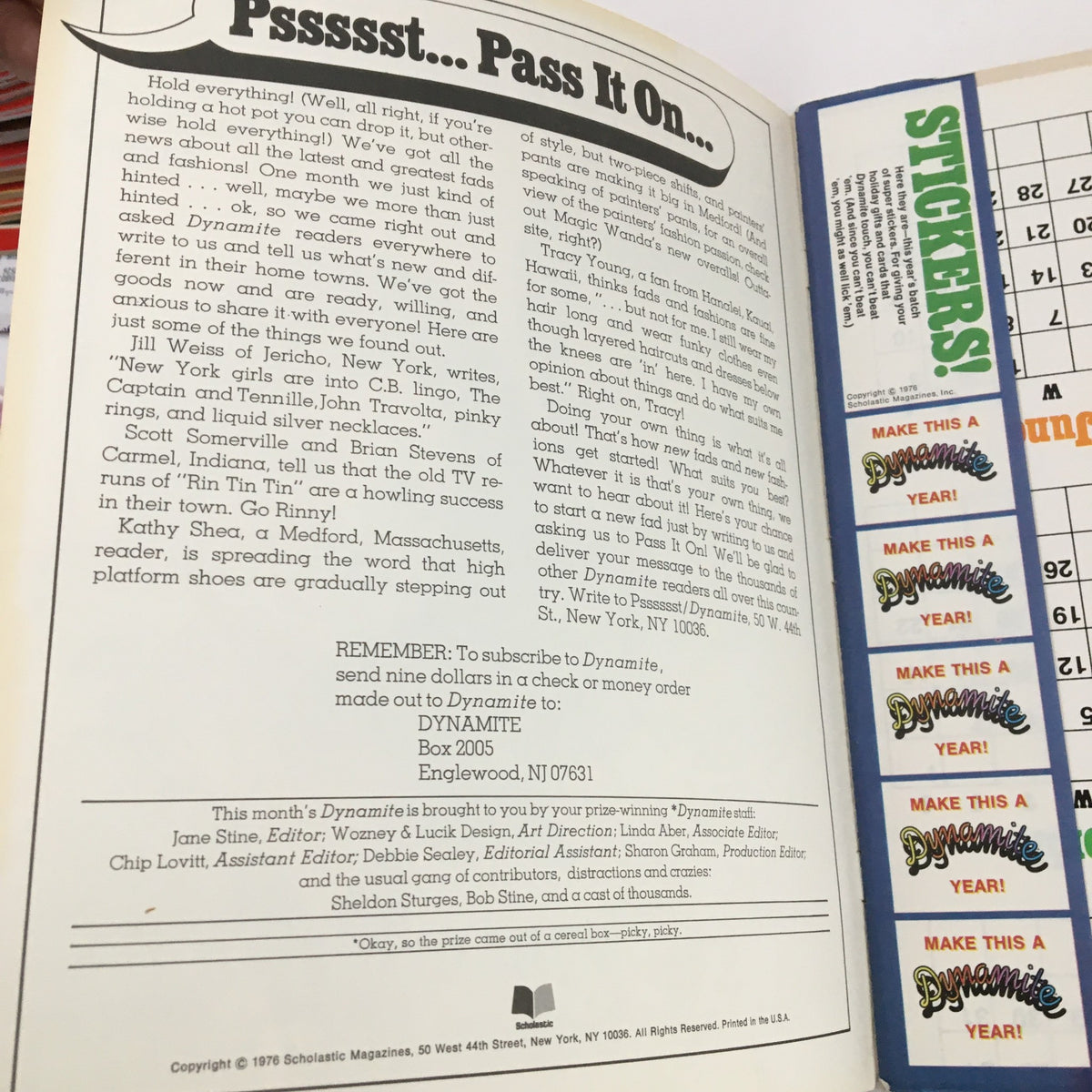 Interior page from VTG Dynamite Magazine #30, 1976 featuring a vintage advertisement to subscribe to Dynamite, showcasing stickers and creative elements from the era.