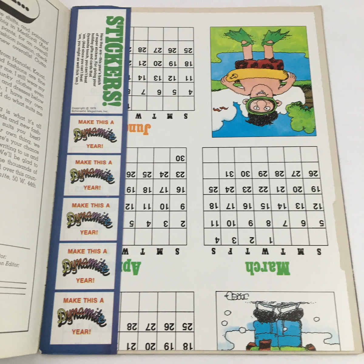Another interior page of VTG Dynamite Magazine #30, 1976 displaying a colorful calendar layout with playful illustrations and stickers, reflecting the vintage pop culture of the time.