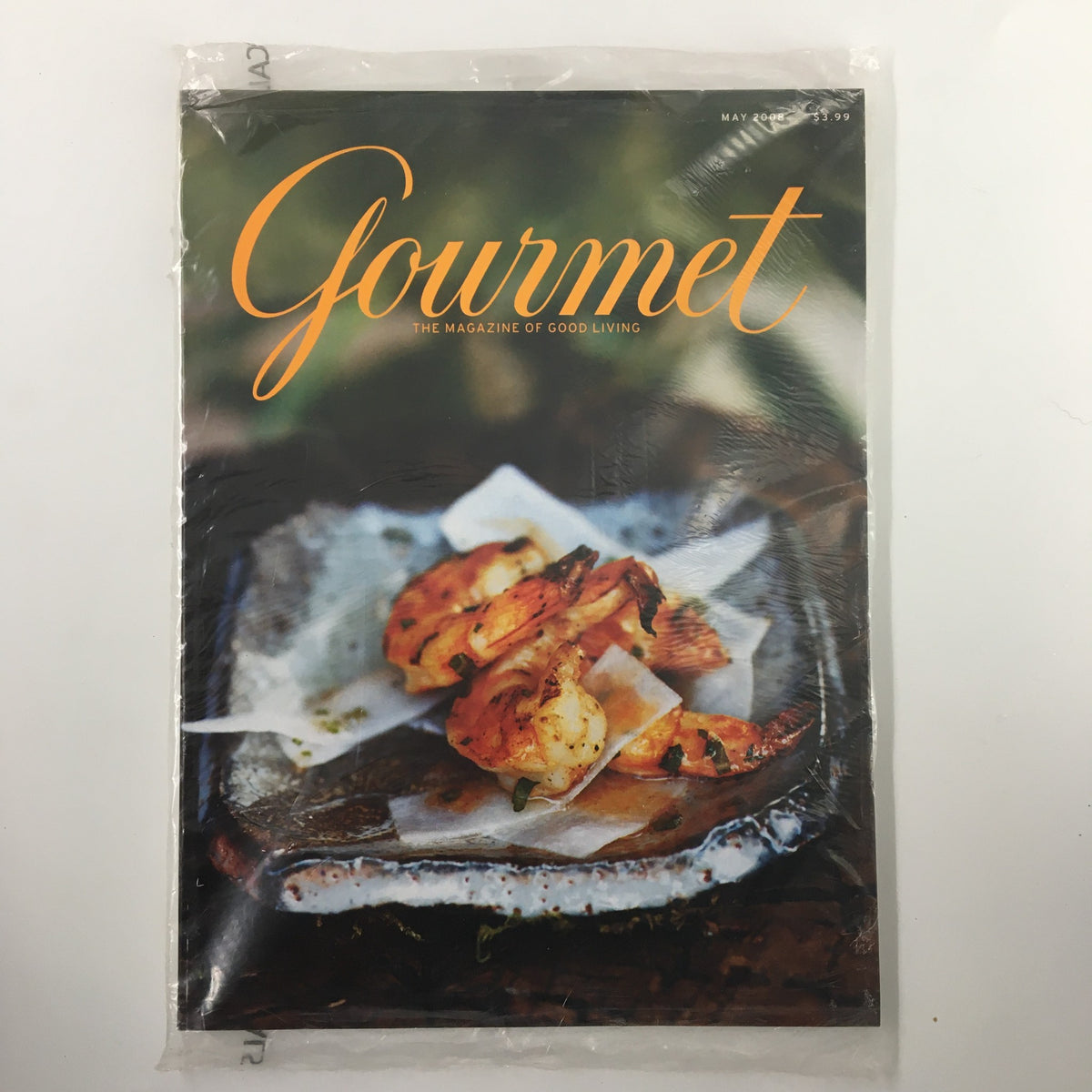 Cover of Gourmet Magazine May 2008 featuring a beautifully plated shrimp dish, highlighting the culinary artistry and gourmet cuisine trends, ideal for collectors and food enthusiasts.