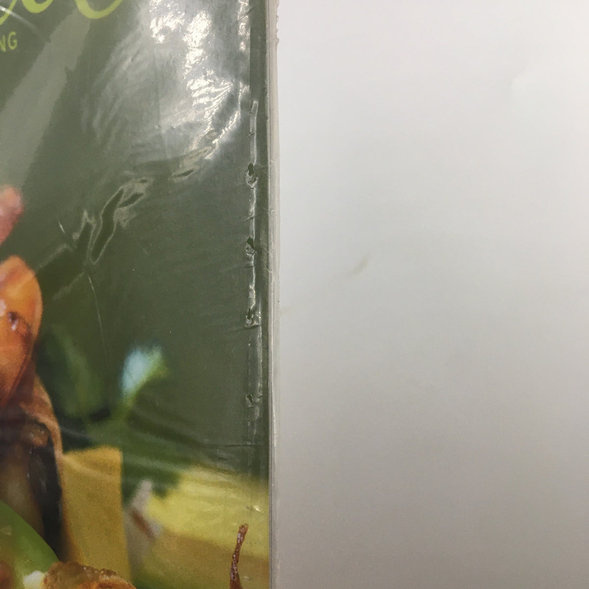 Close-up view of the sealed Gourmet Magazine April 2005 with visible wear on the plastic covering, featuring Paris bistros and Niagara Spring in the title.