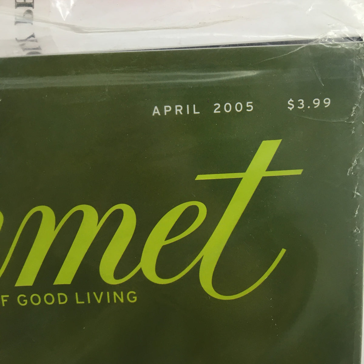 Detail of the Gourmet Magazine April 2005 title, highlighting the issue date and price of $3.99, showcasing the cover design related to gourmet living.