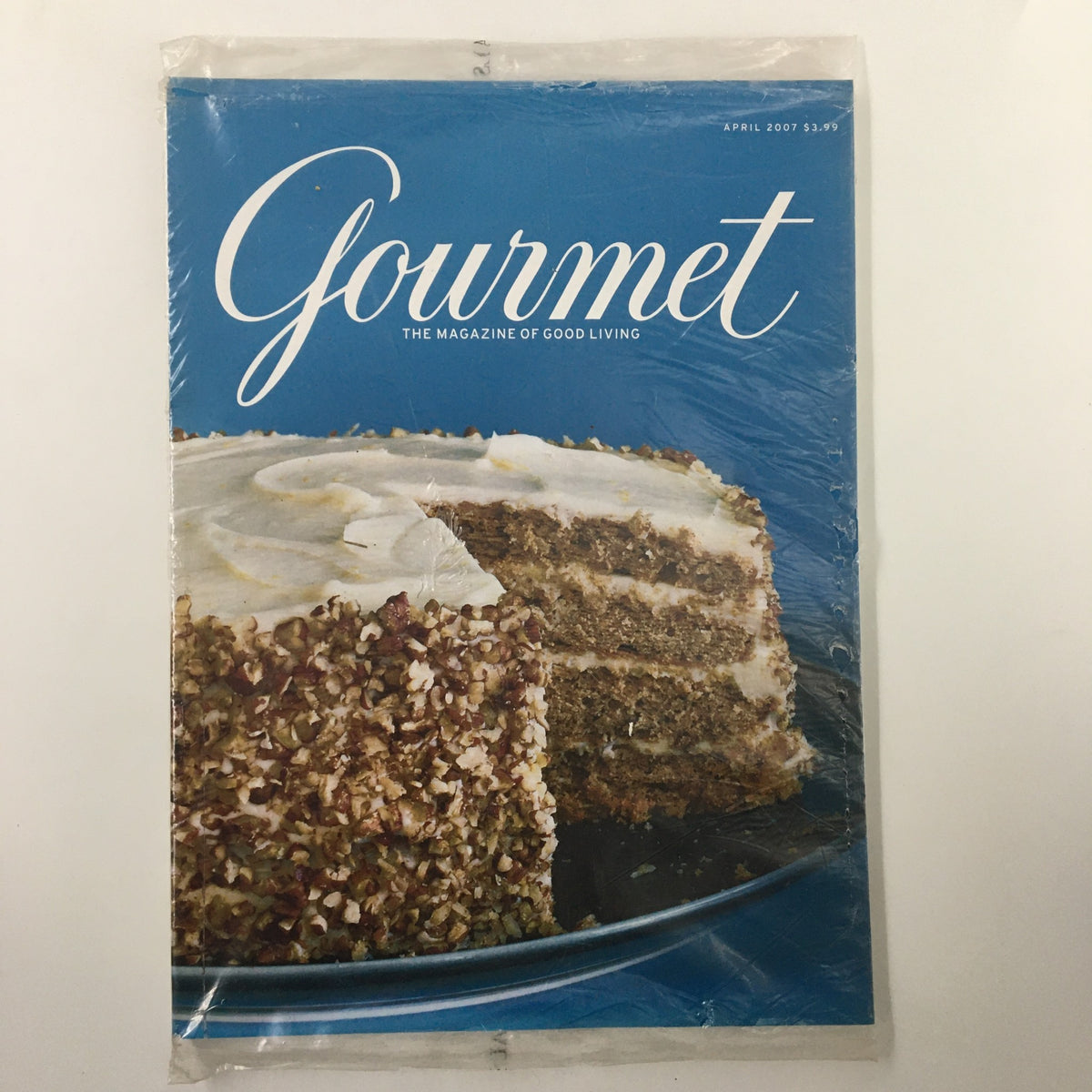 Gourmet Magazine April 2007 cover featuring a layered cake, showcasing the magazine's title and emphasis on good living.