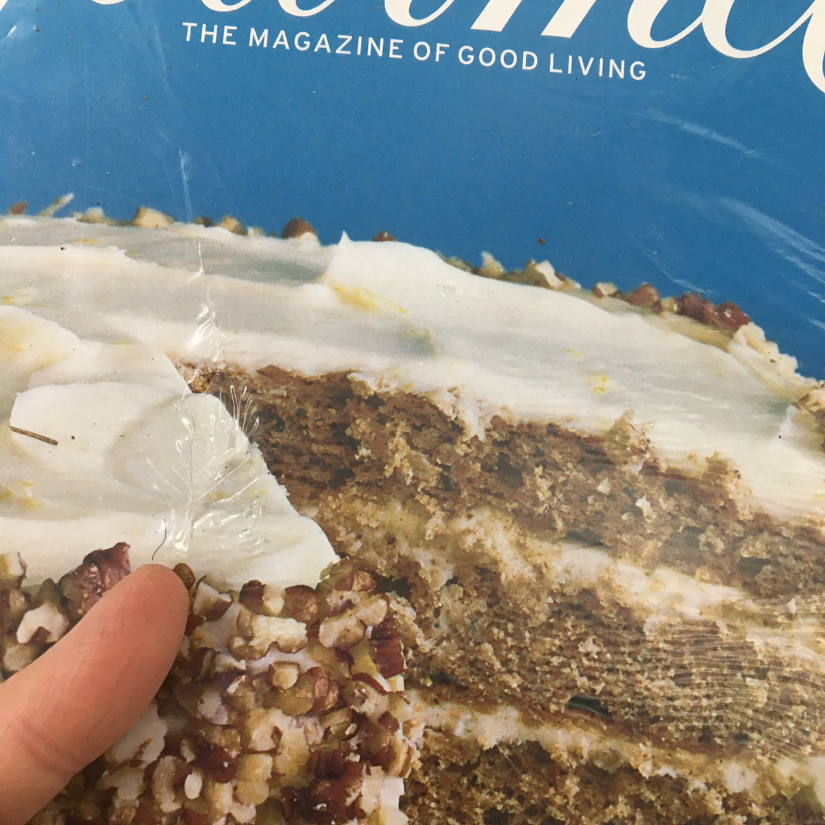Close-up view of the layered cake on the cover of Gourmet Magazine April 2007, highlighting texture and frosting details.