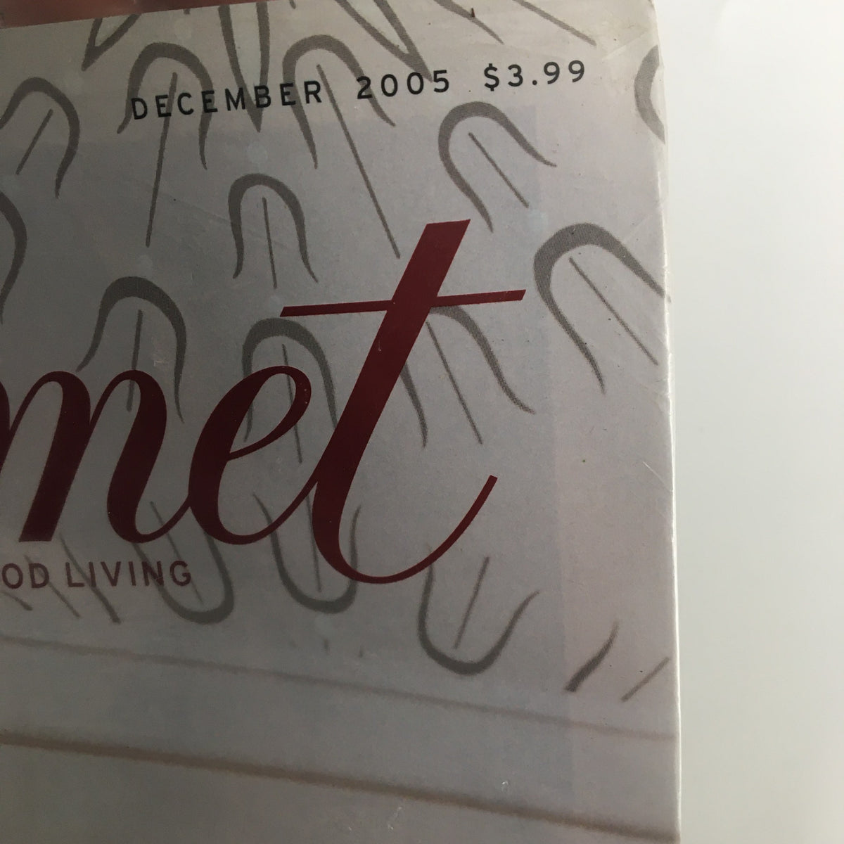 Close-up of Gourmet Magazine December 2005 logo and price, highlighting its collectible nature.