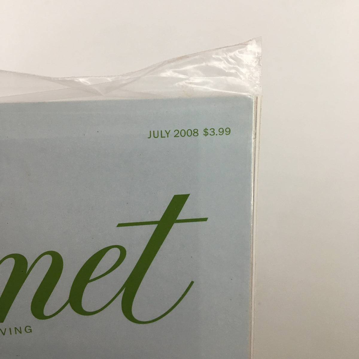 Close-up of the top corner of Gourmet Magazine July 2008, displaying the date and price of $3.99.