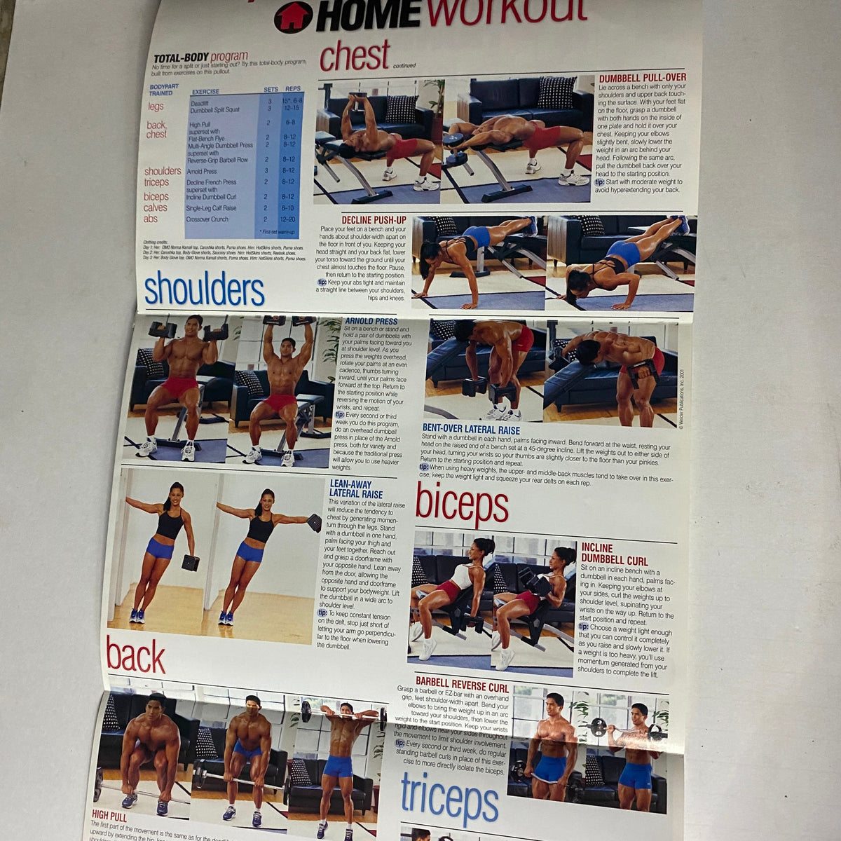 Inside page of Muscle & Fitness Magazine December 2001 displaying a workout guide with exercises for shoulders, biceps, back, and triceps.