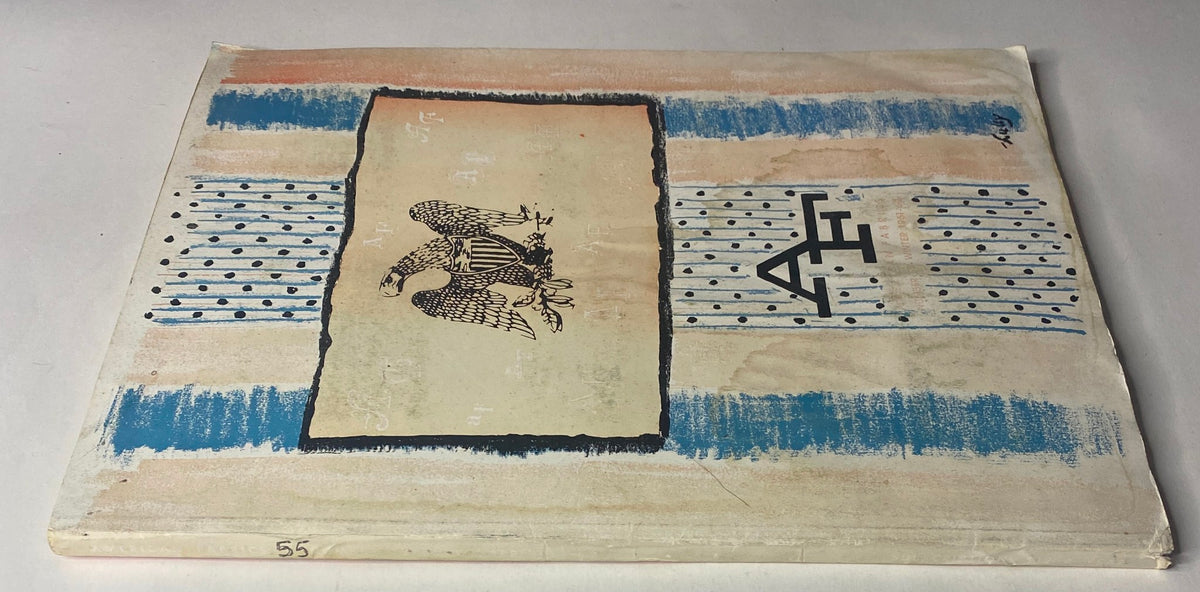 Side view of the 1961-1962 American Fabrics Winter Catalog, highlighting the vintage design featuring an eagle, stripes, and the AF branding.