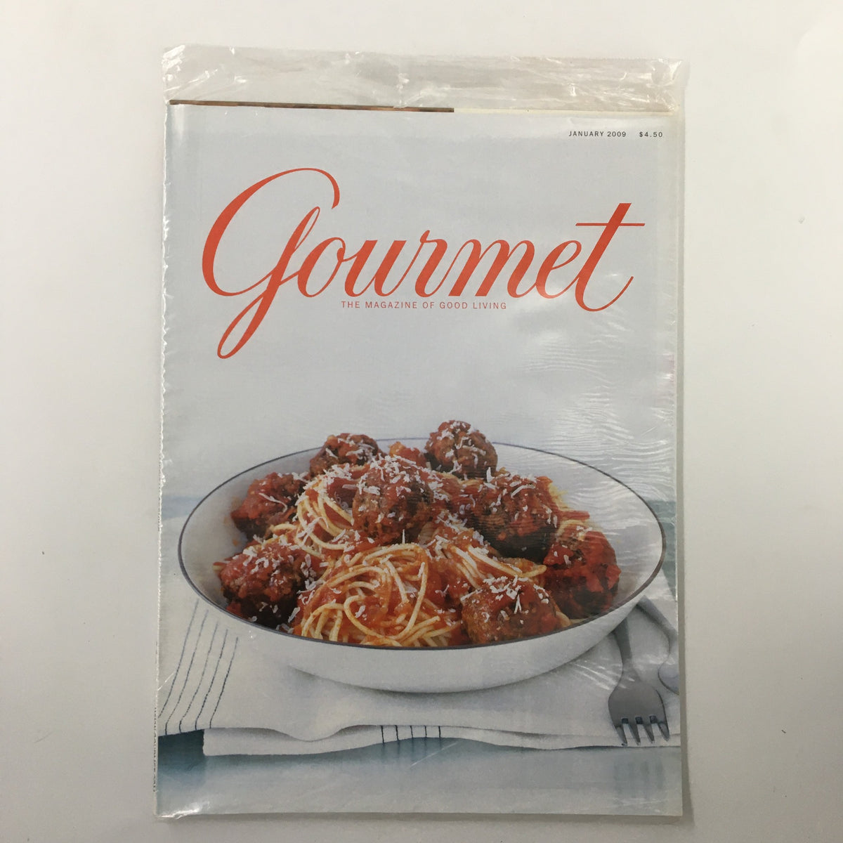 Gourmet Magazine January 2009 featuring Turkey Kale with Meatball Spaghetti on the cover, showcasing gourmet cooking and culinary artistry, sealed in original packaging.