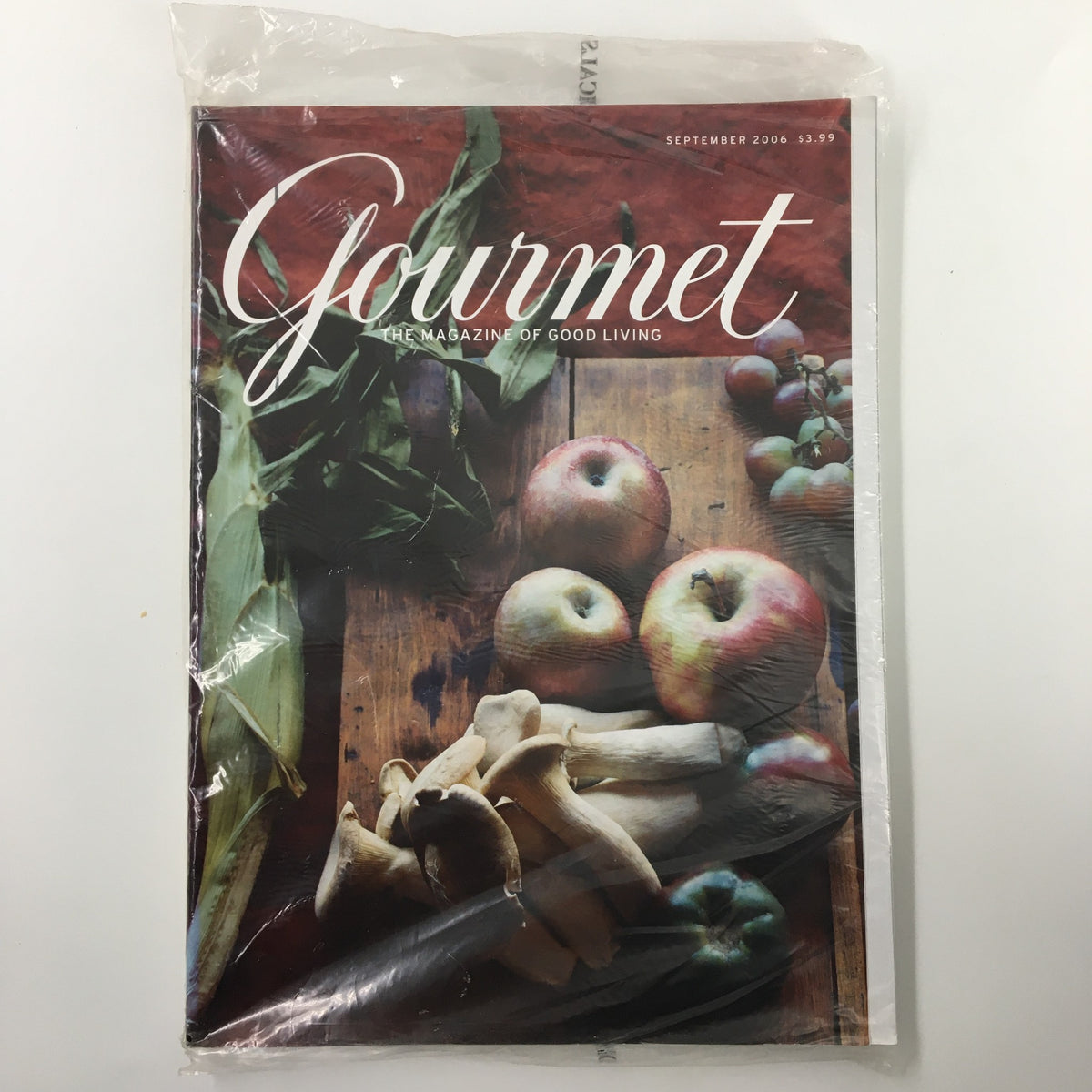 Gourmet Magazine September 2006 featuring Mediterranean Eggplant Barley Salad recipe, in excellent condition and sealed in plastic, showcasing a vibrant cover with fruits and vegetables.