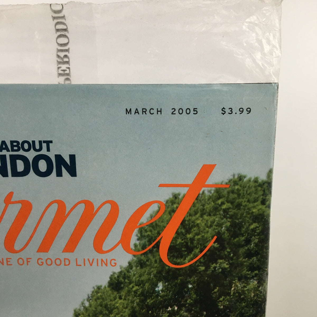 Close-up view of the header of Gourmet Magazine March 2005 displaying the issue date and price, highlighting the Winter Tabbouleh Recipe from The London Issue.