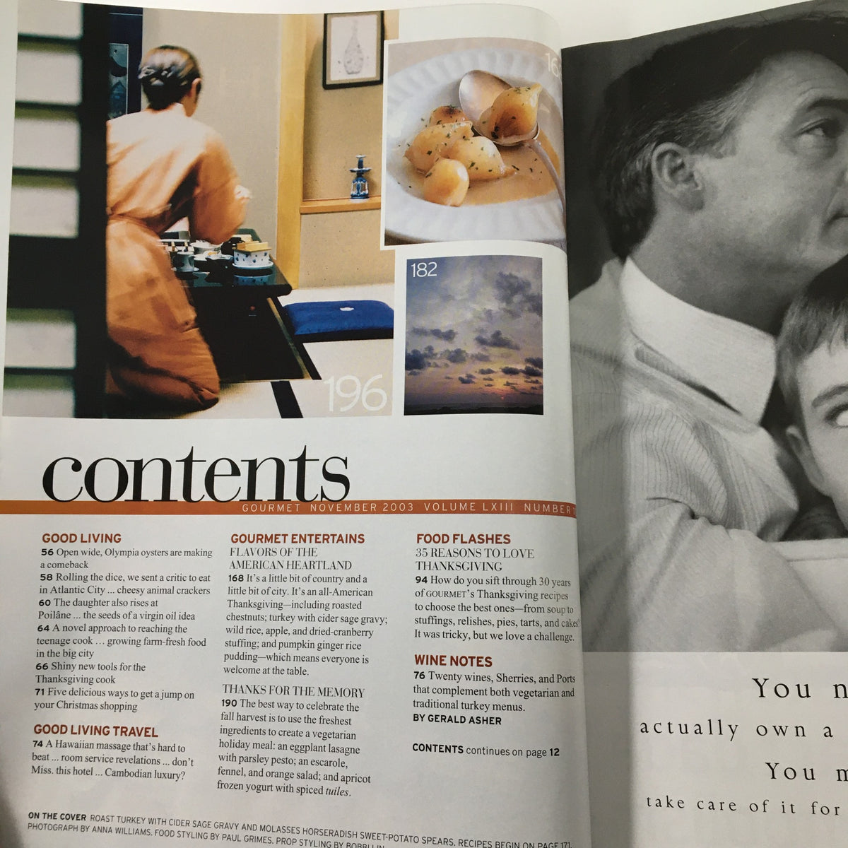 Contents page of Gourmet Magazine November 2003 showcasing sections like Gourmet Entertains, Food Flashes about Thanksgiving, and Good Living Travel.