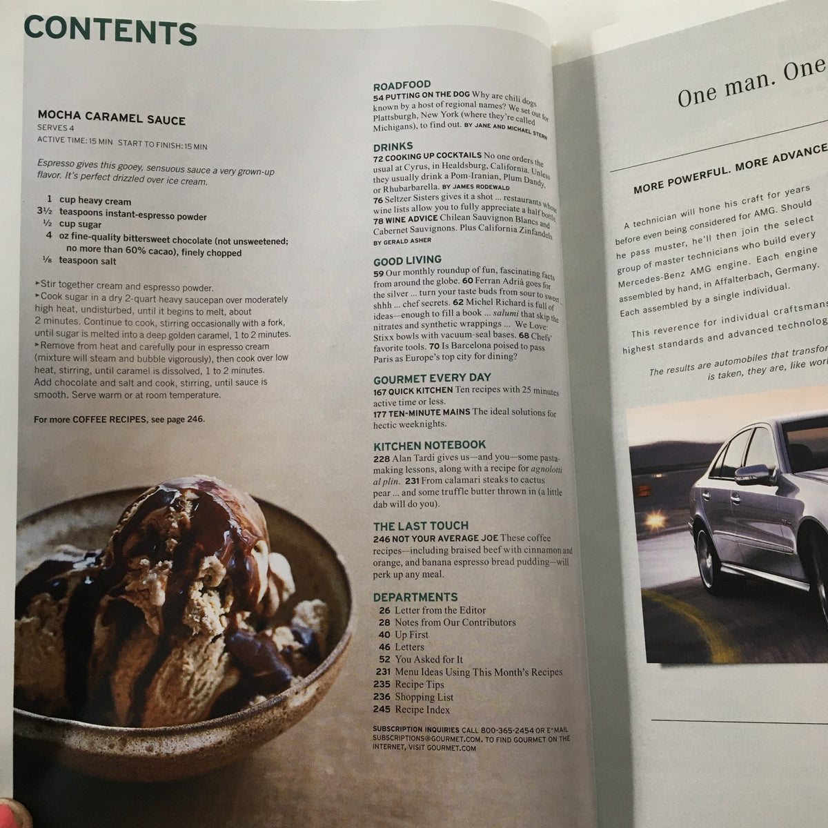 Table of contents from Gourmet Magazine October 2006 featuring recipes, articles, and sections including Mocha Caramel Sauce, Roadfood, Drinks, and Kitchen Notebook by Alan Tardi.
