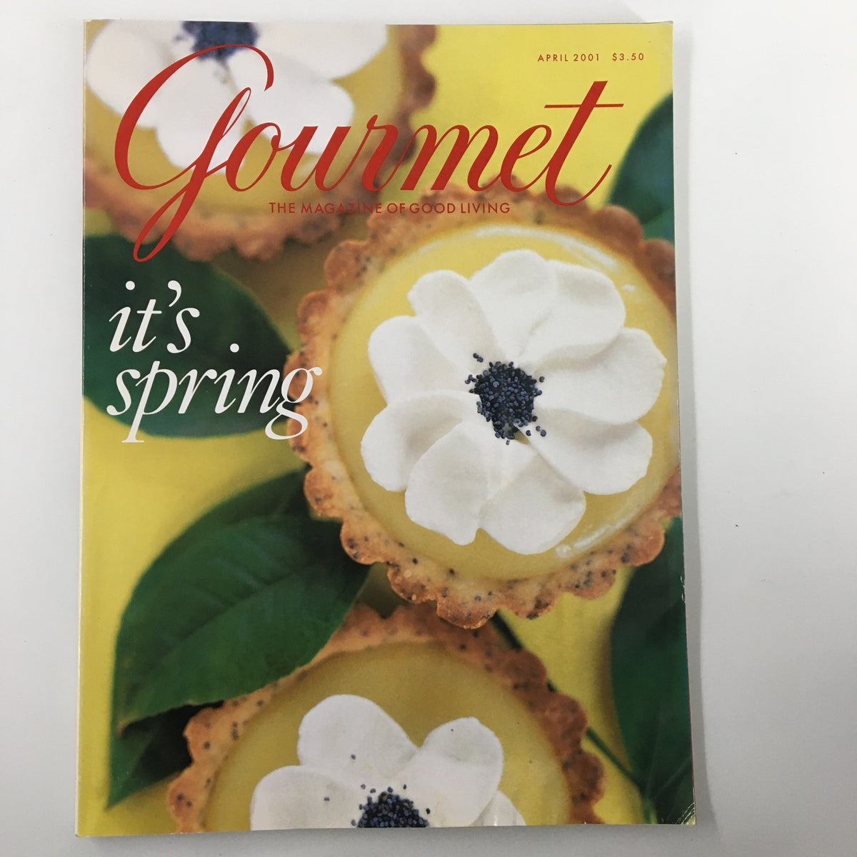 Gourmet Magazine April 2001 edition featuring Lemon and Poppy Seeds Tartlets on the cover, highlighting spring-themed desserts.