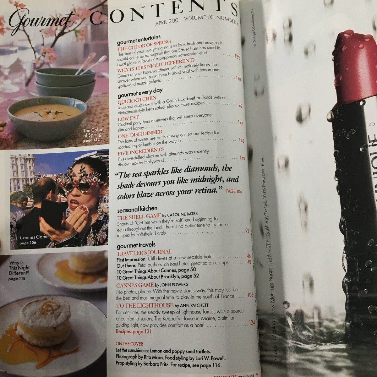 Contents page of Gourmet Magazine April 2001, featuring highlights including seasonal recipes and articles inspired by spring.