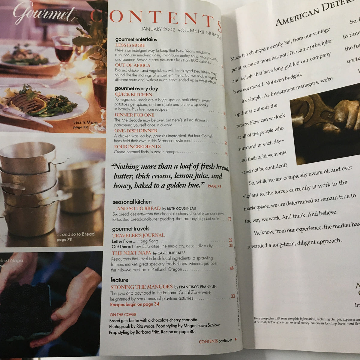 Contents page of Gourmet Magazine January 2002, highlighting articles including 'Stoning The Mangoes' and showcasing culinary themes.