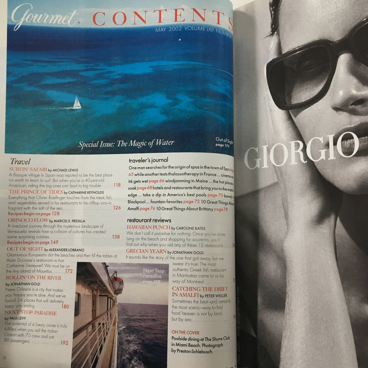 Gourmet Magazine May 2002, featuring Contents page with a stunning poolside view representing the theme of 'Poolside Dining at The Shore Club'.