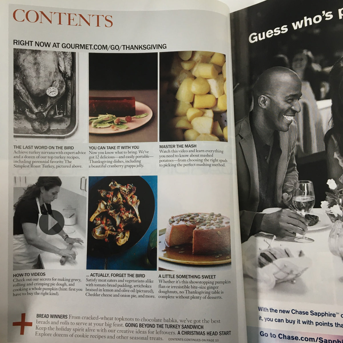 Gourmet Magazine November 2009 contents page highlighting articles and recipes related to Thanksgiving celebrations.