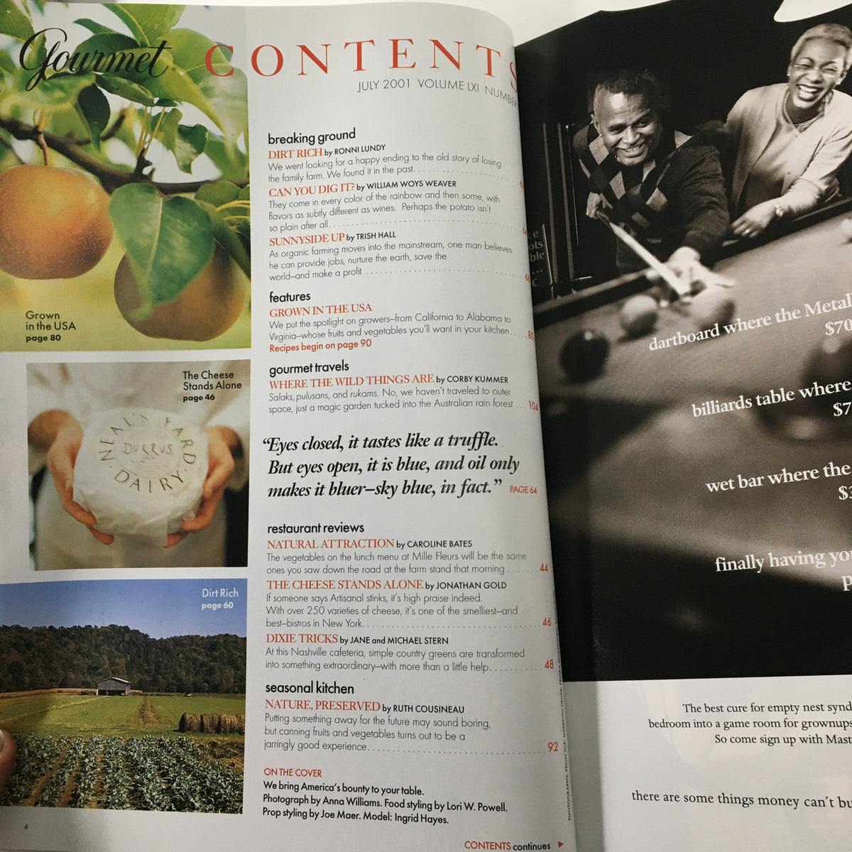 Gourmet Magazine July 2001 We Bring America's Bounty To Your Table, showcasing the magazine's table of contents including featured articles and recipes from this vintage culinary issue.
