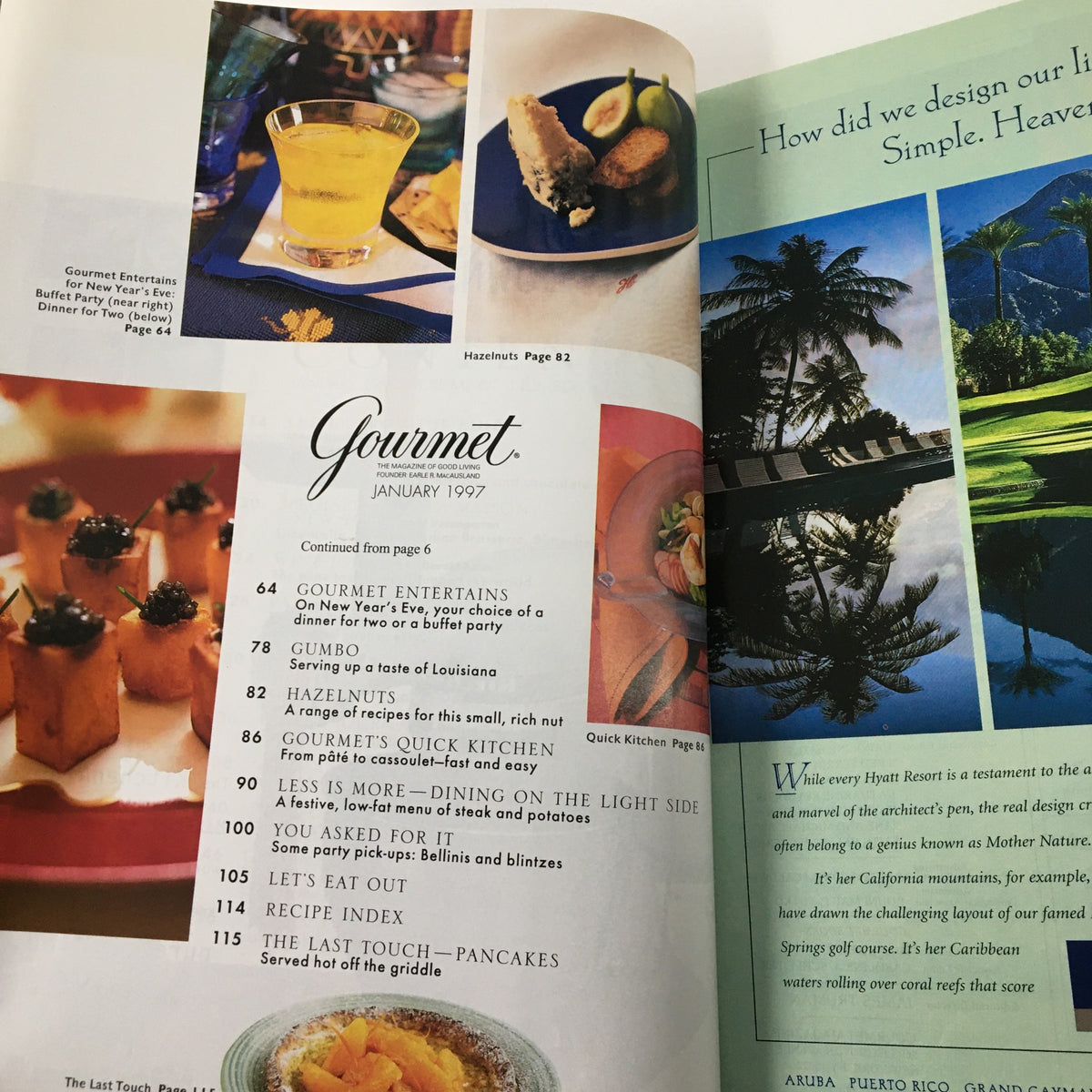 Interior page of Gourmet Magazine January 1997 showcasing various gourmet dishes, including 'Gourmet Entertains' for New Year’s Eve, with a colorful layout of recipes and dining inspirations.