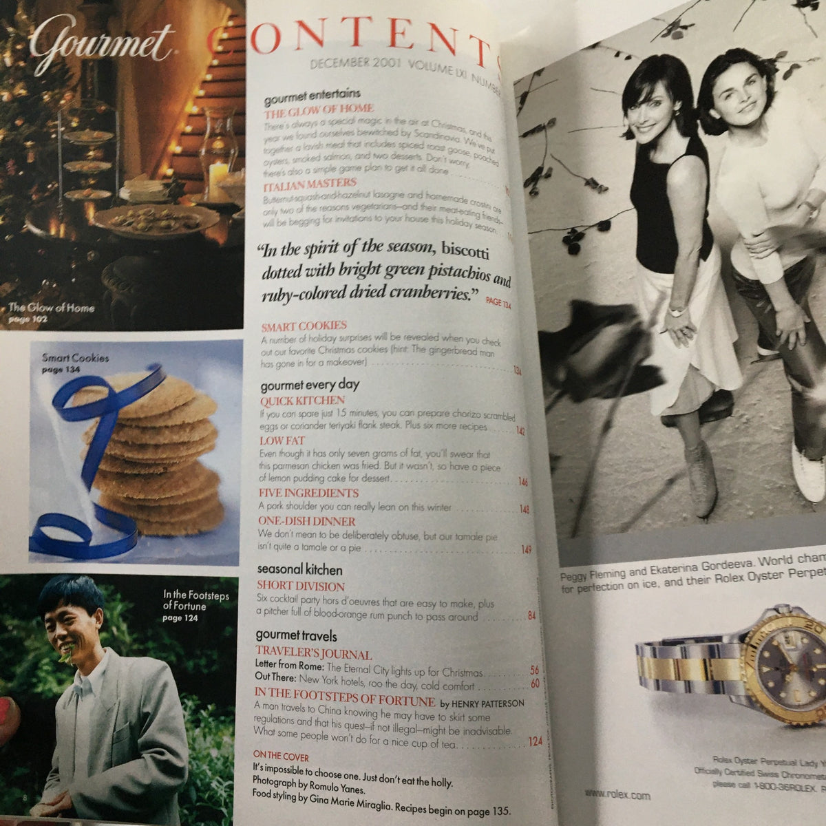 Contents page of Gourmet Magazine December 2001, showcasing articles and features, including Italian Masters, Smart Cookies, and a festive theme.