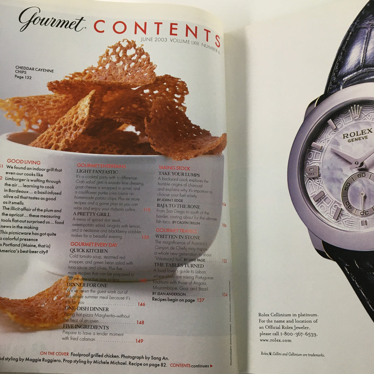Inside page of Gourmet Magazine June 2003 showcasing the table of contents, detailing various recipes and articles including a special feature on spiced skirt steak.