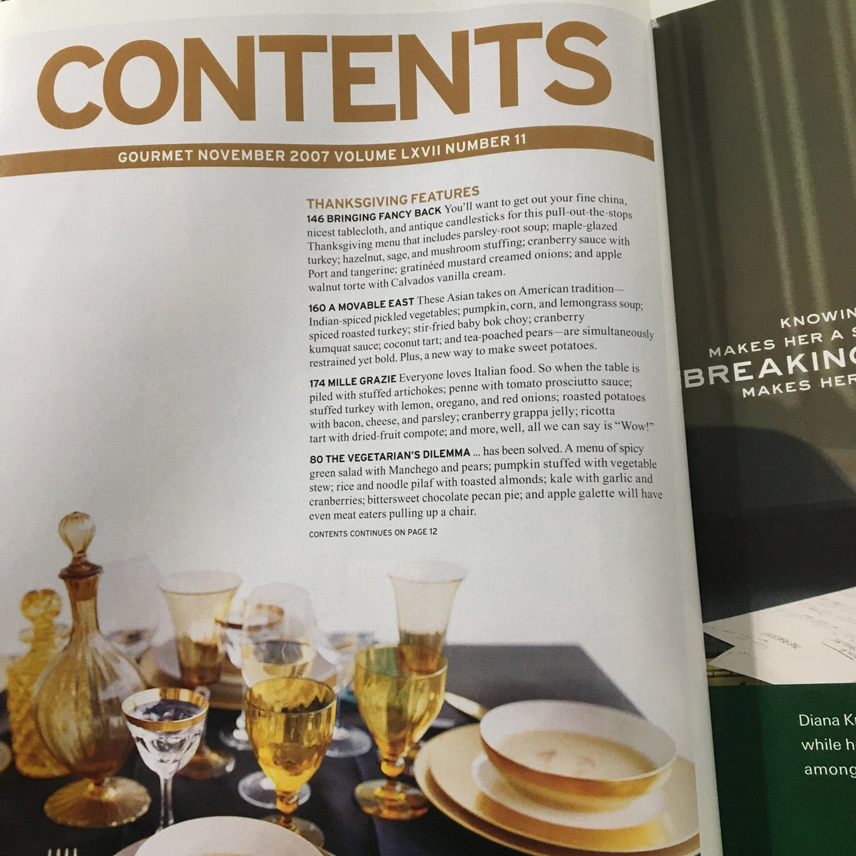 Contents page of Gourmet Magazine November 2007, detailing features including Thanksgiving recipes and the cover story, "The Vegetarian's Dilemma Has Been Solved."