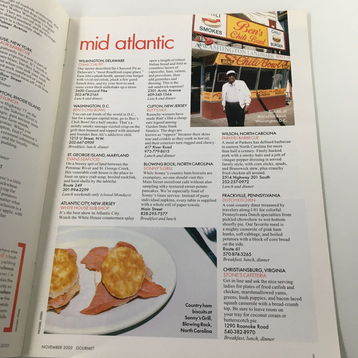 Interior page from Gourmet Magazine November 2003 displaying a detailed guide for the Mid Atlantic region, showcasing various regional eateries and culinary destinations.