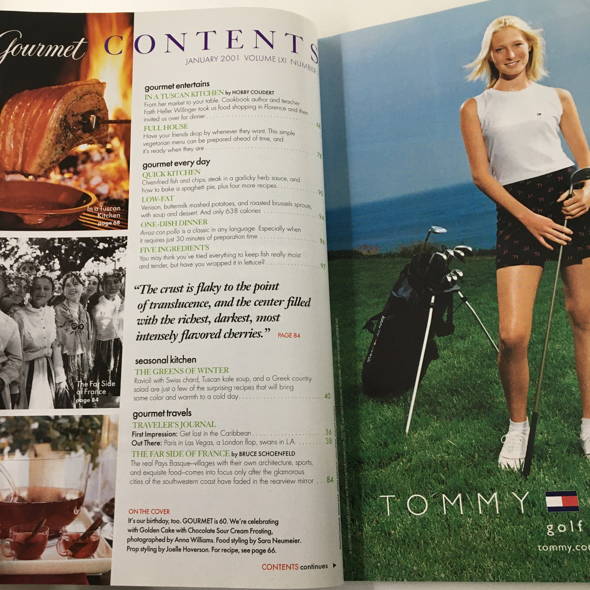 Inside spread of Gourmet Magazine January 2001 showcasing contents including gourmet dining insights and an advertisement featuring outdoor golf attire, representing culinary and lifestyle themes.