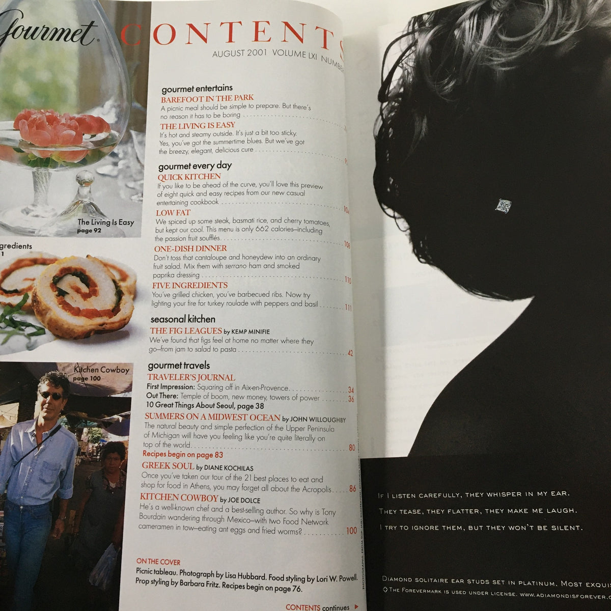 Gourmet Magazine August 2001 table of contents page detailing featured articles and recipes for summer, including sections on entertaining and regional cooking.
