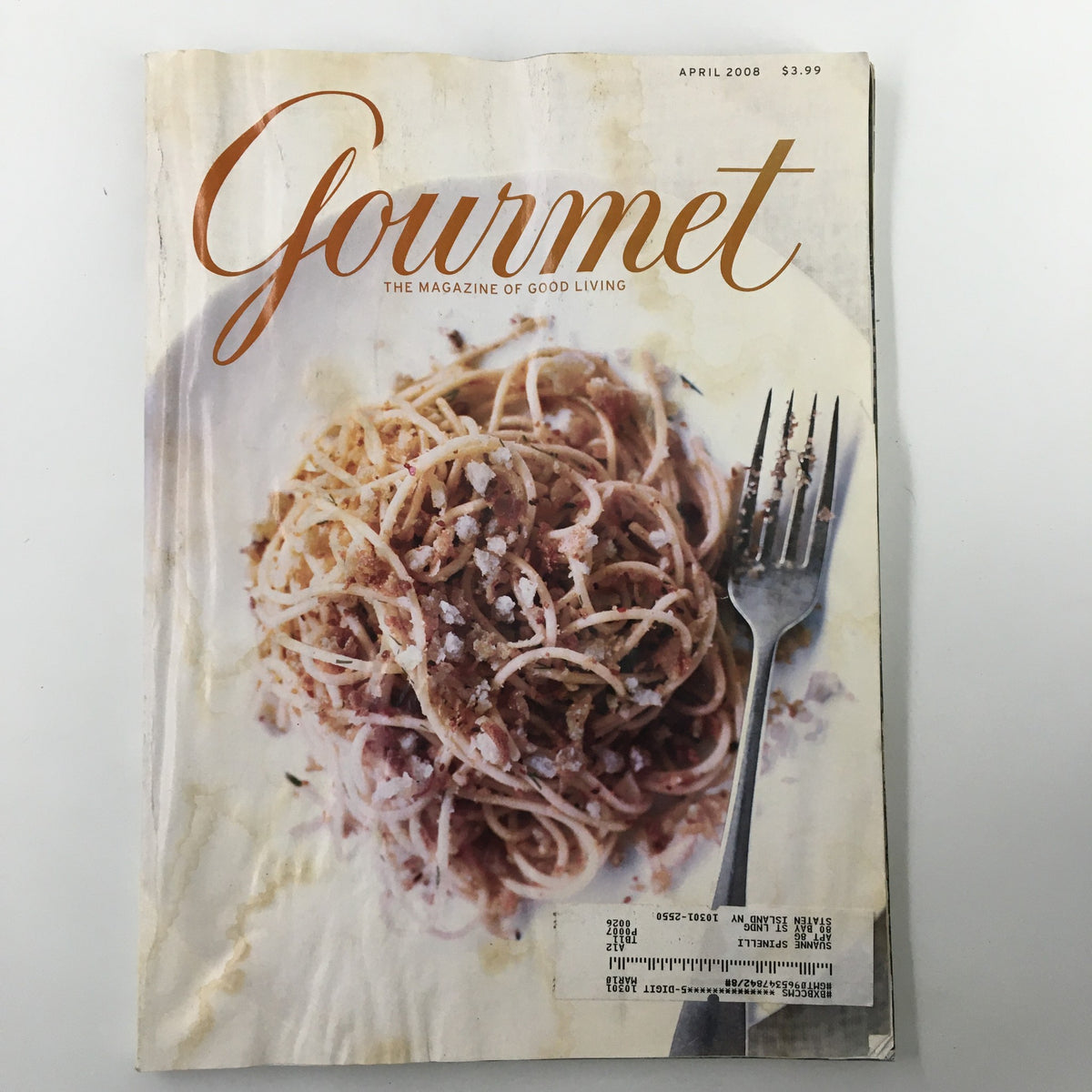 Gourmet Magazine April 2008 cover featuring a plate of spaghetti with a fork, showcasing the title 'Gourmet: The Magazine of Good Living.'