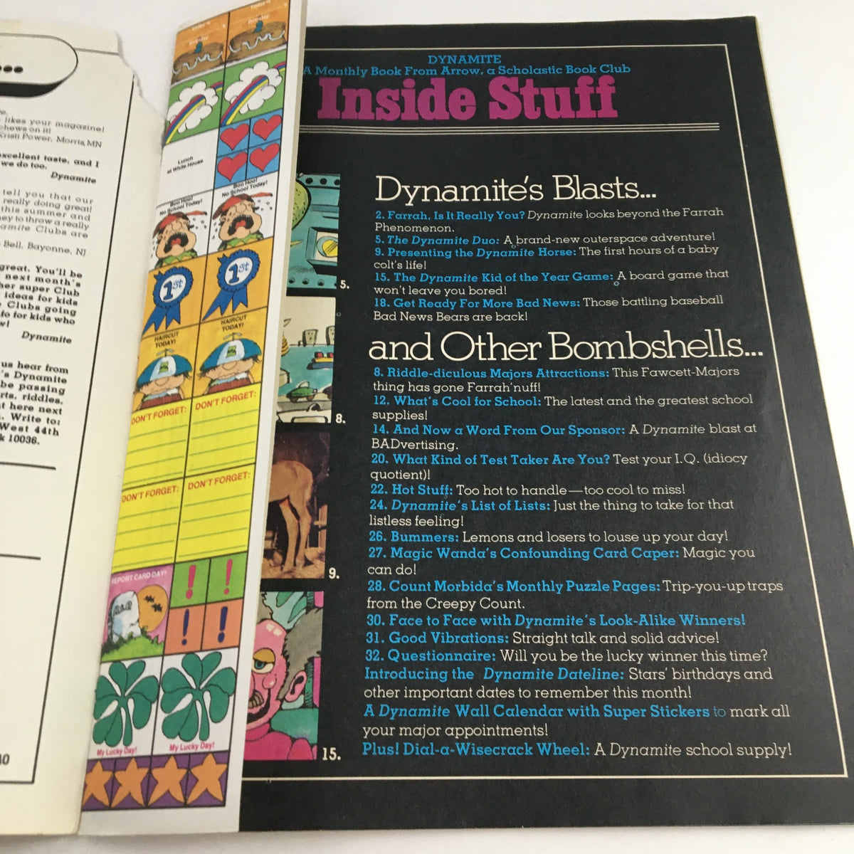 Inside page of Dynamite Magazine #40 highlighting articles and activities. The page contains colorful graphics and the magazine's title 'Inside Stuff', celebrating Farrah Fawcett and her cultural impact during the 1970s.