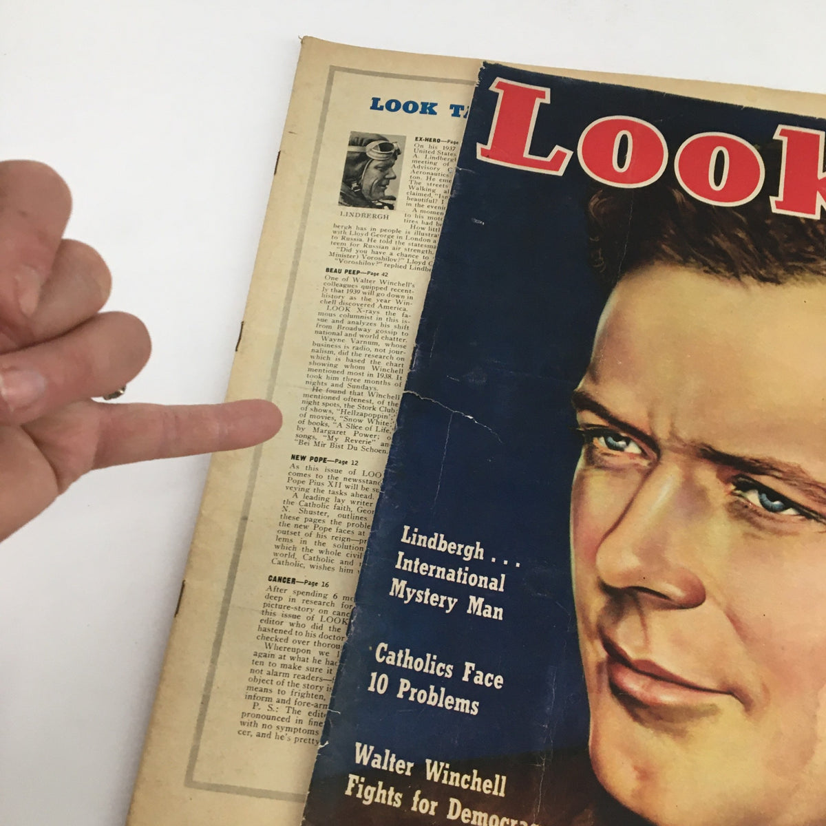 Detailed view of the Look Magazine April 11 1939 issue showing the cover with Charles Lindbergh and an article snippet about him.