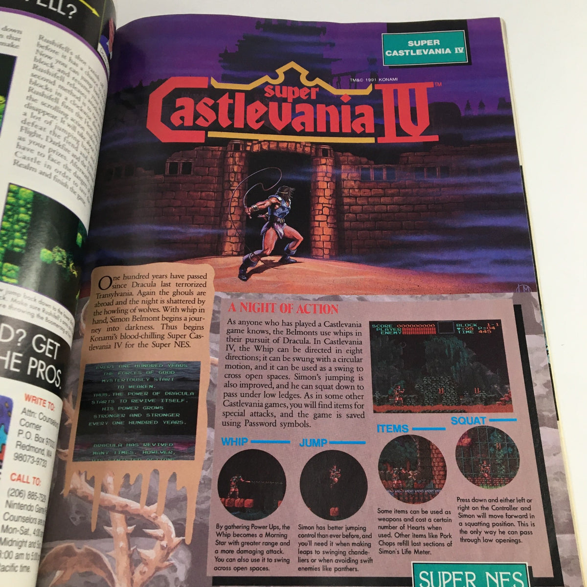 An article page from the Nintendo Power Magazine January 1992 about Super Castlevania IV, detailing gameplay mechanics and featuring artwork from the game.