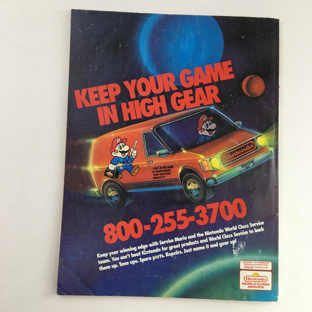 An advertisement from the Nintendo Power Magazine January 1992 promoting Nintendo World Class Service, featuring a cartoon depiction of Mario next to a service van.