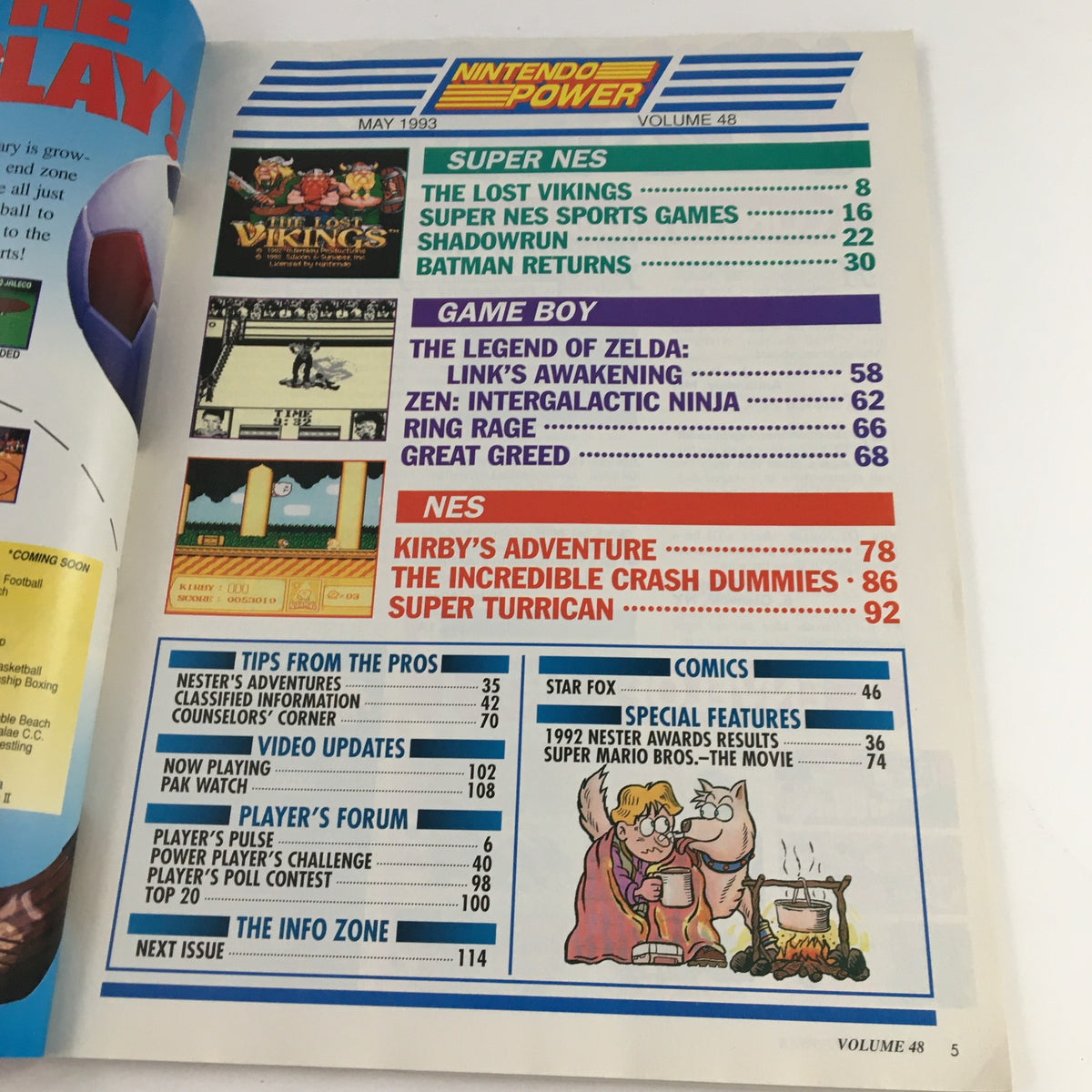 Interior page of Nintendo Power Magazine May 1993 Vol 48 displaying contents including gaming topics such as Batman Returns, The Lost Vikings, and The Legend of Zelda: Link's Awakening. This page gives insight into the gaming culture of the early 1990s.