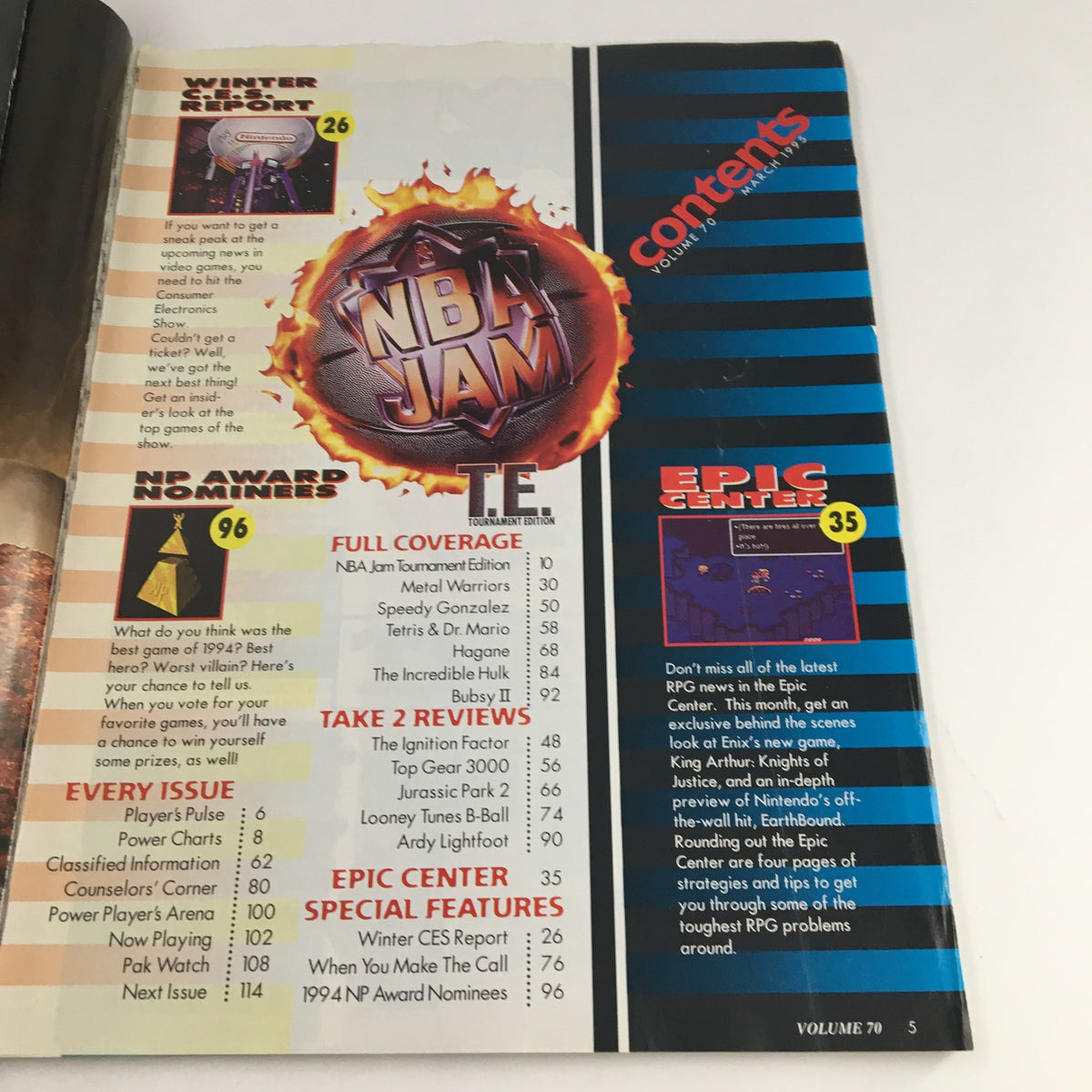 Nintendo Power Magazine March 1995 Vol 70 page showing contents featuring topics like NBA Jam T.E. and Epic Center Adventure.