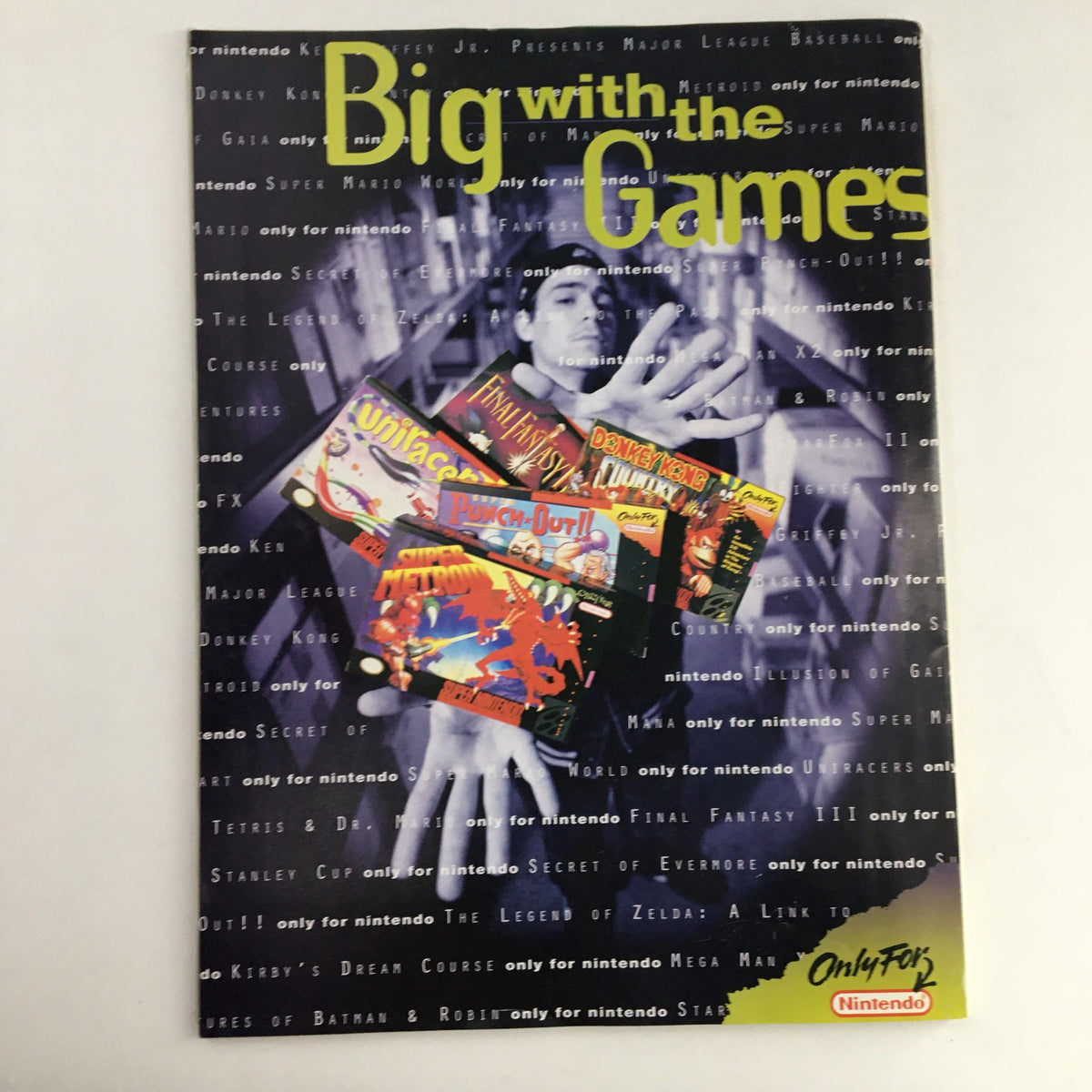 Promotional page from Nintendo Power Magazine March 1995 Vol 70 showcasing various Nintendo games with a title 'Big with the Games'.