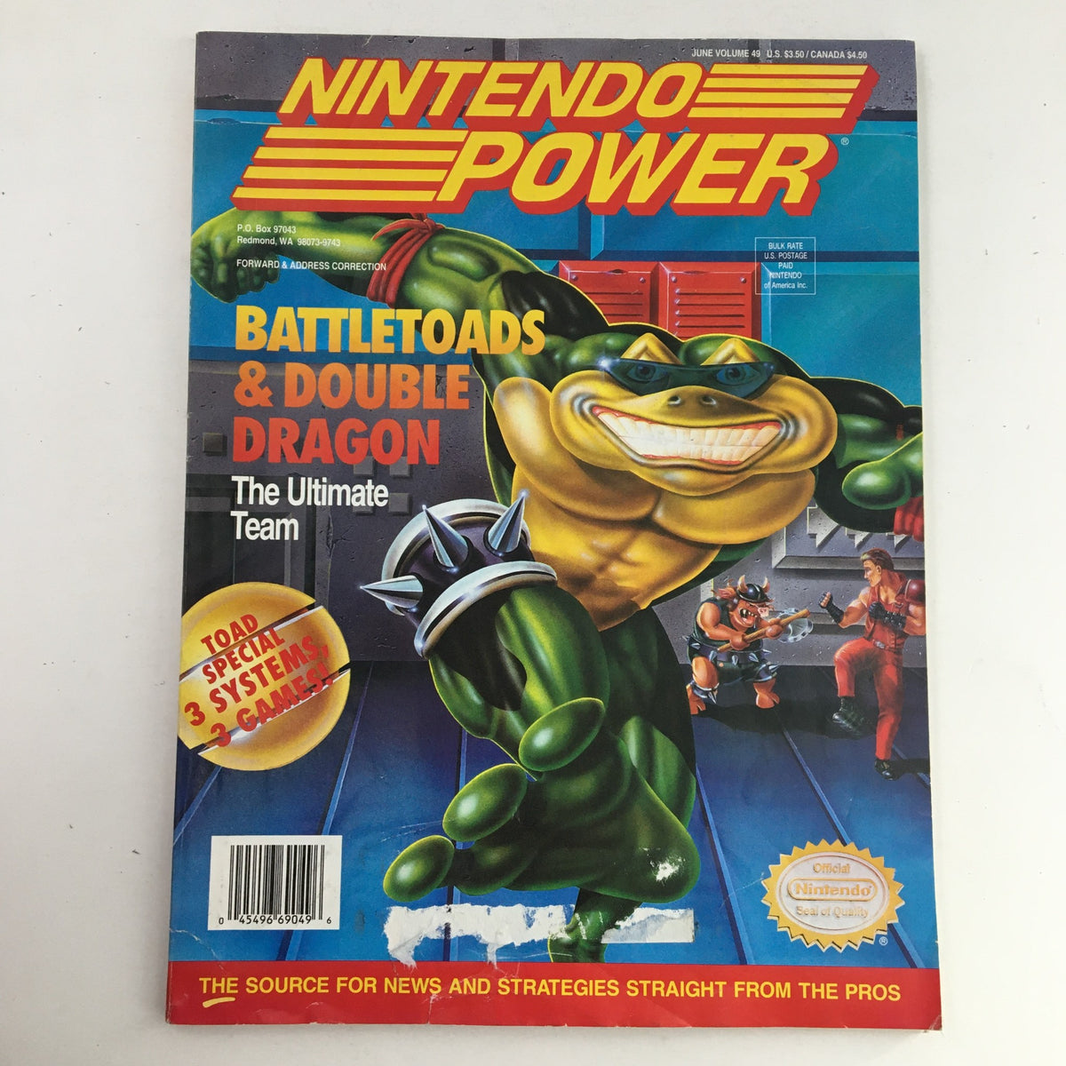 Cover of Nintendo Power Magazine June 1993 Vol 49 featuring Battletoads & Double Dragon Team, showcasing vibrant artwork and iconic characters from the game.