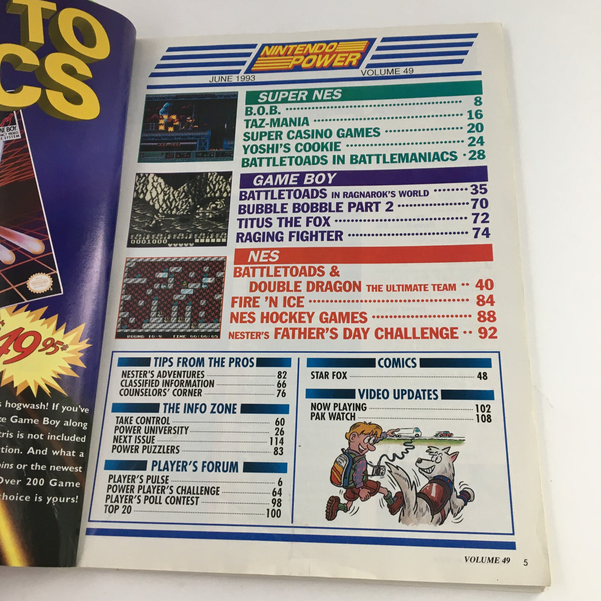 Table of contents page from Nintendo Power Magazine June 1993 Vol 49, listing sections including Battletoads & Double Dragon and various game features.