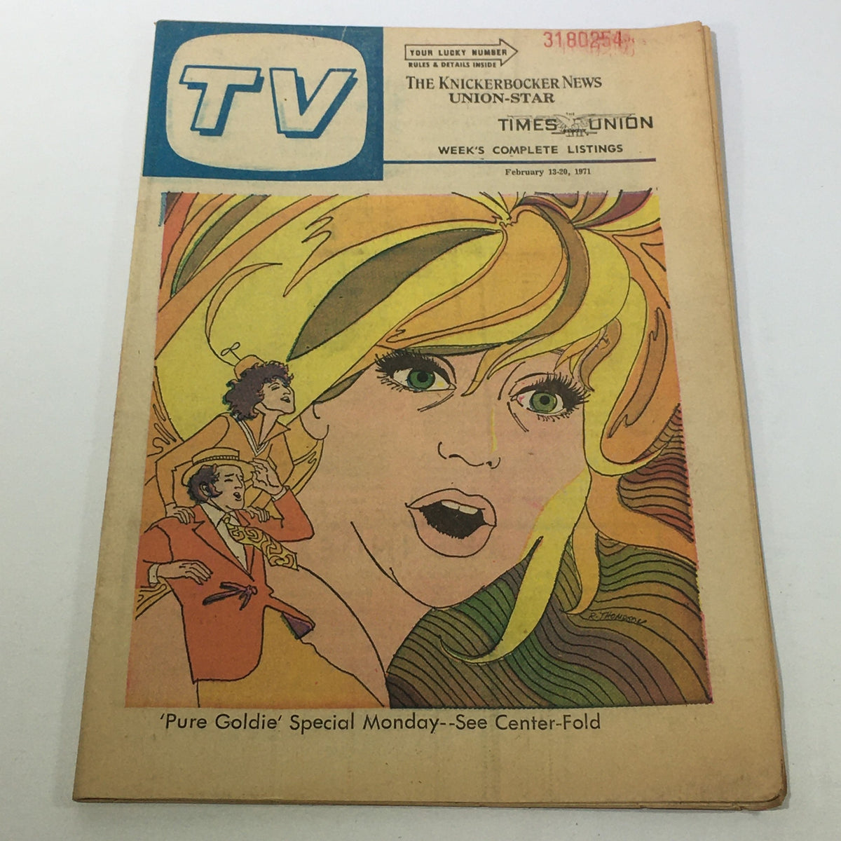 VTG TV Week's Complete Listings for February 13-20, 1971, featuring 'Pure Goldie' centerfold, showcasing colorful artwork and iconic TV magazine design.