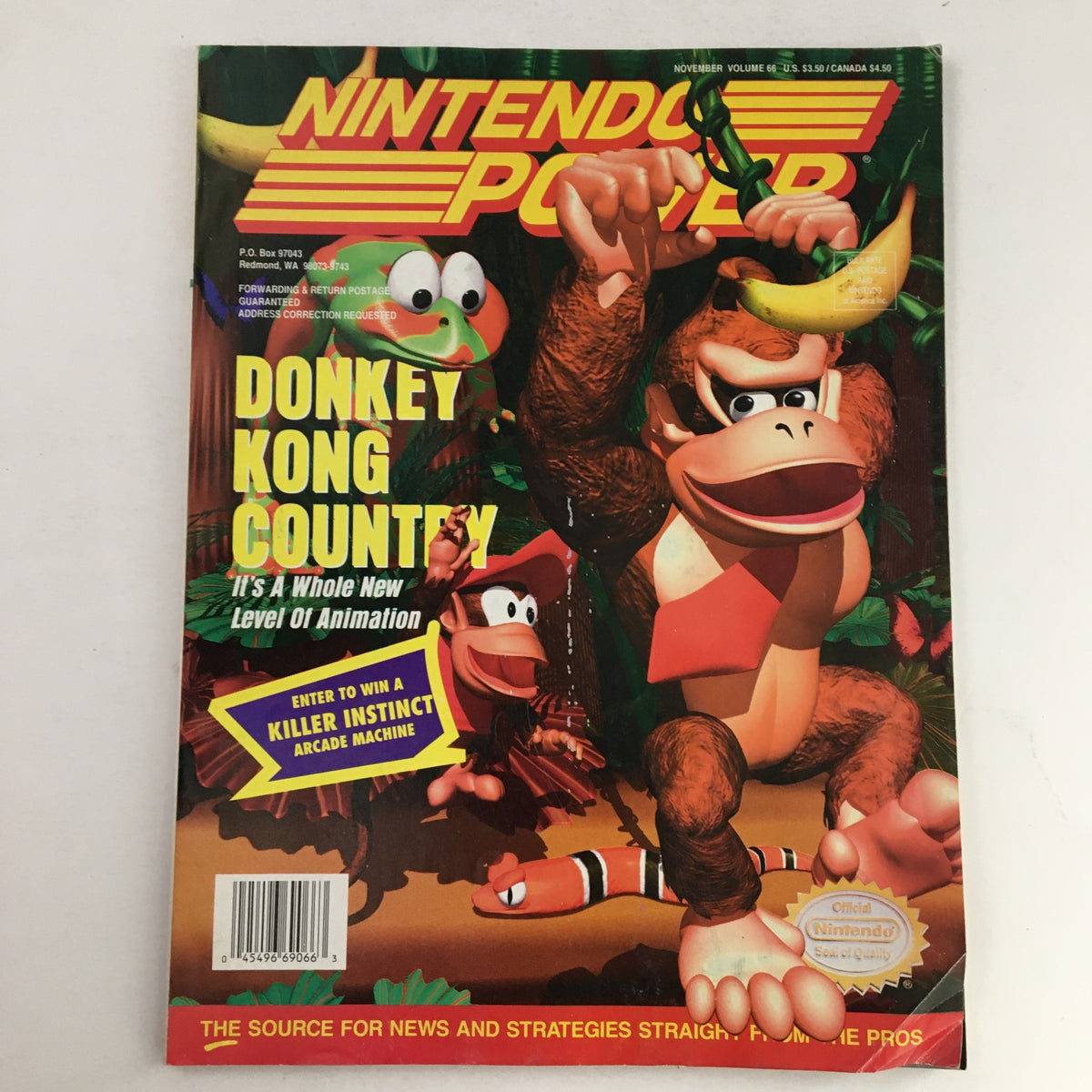 Cover of Nintendo Power Magazine November 1994 Vol 66 featuring Donkey Kong Country with vibrant character illustrations and a promotional banner for a Killer Instinct arcade machine.