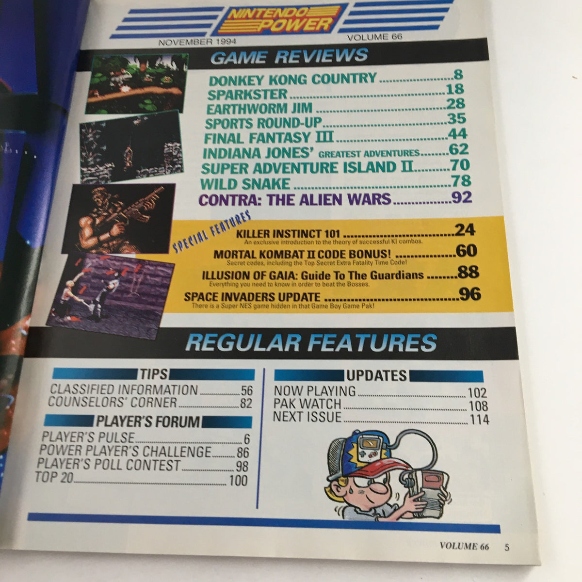 Table of contents page from Nintendo Power Magazine November 1994 Vol 66 displaying game reviews including Donkey Kong Country and various features.