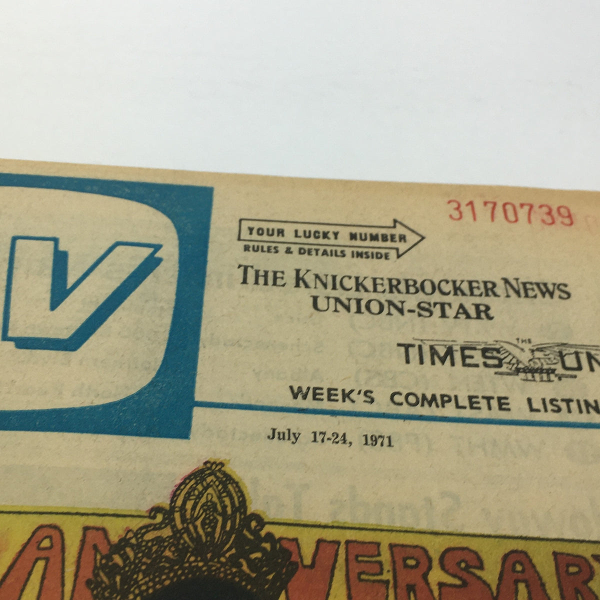 Detail of the VTG TV Week's Complete Listings July 17-24 1971 'Miss Universe' A Fairy Tale, showing the header and publication details from The Knickerbocker News Union-Star.