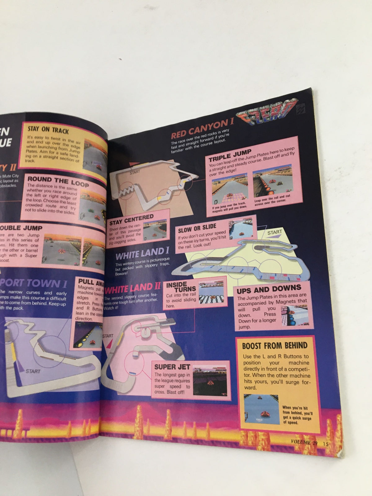 Interior page from Nintendo Power Magazine October 1991 Vol 29, detailing gameplay tips for the F-Zero video game, including race track strategies.