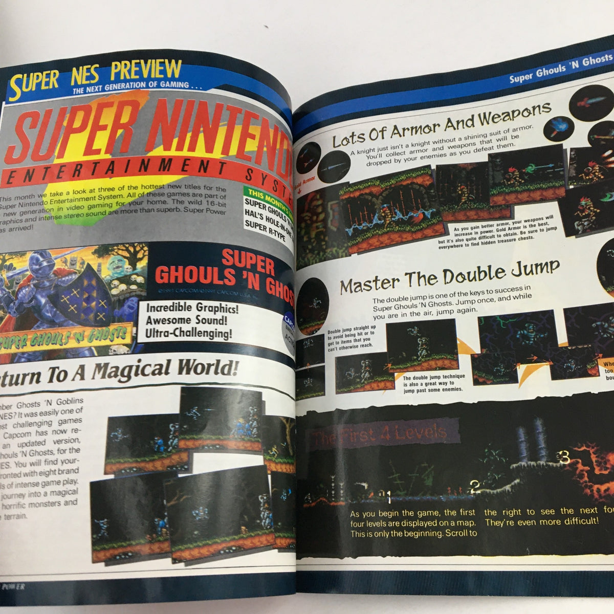 Interior spread from Nintendo Power Magazine October 1991 Vol 29, featuring Super Ghouls 'N Ghosts preview with gameplay insights and strategies.