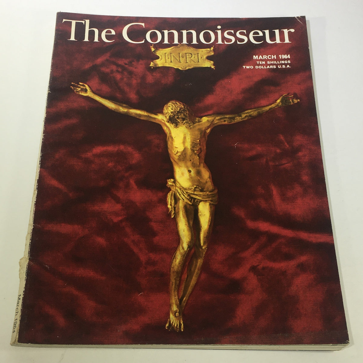 Cover of VTG The Connoisseur Magazine: March 1964 Vol. 155 No. 625 featuring a striking INRI Jesus illustration on a red background, showcasing vintage art and cultural significance.