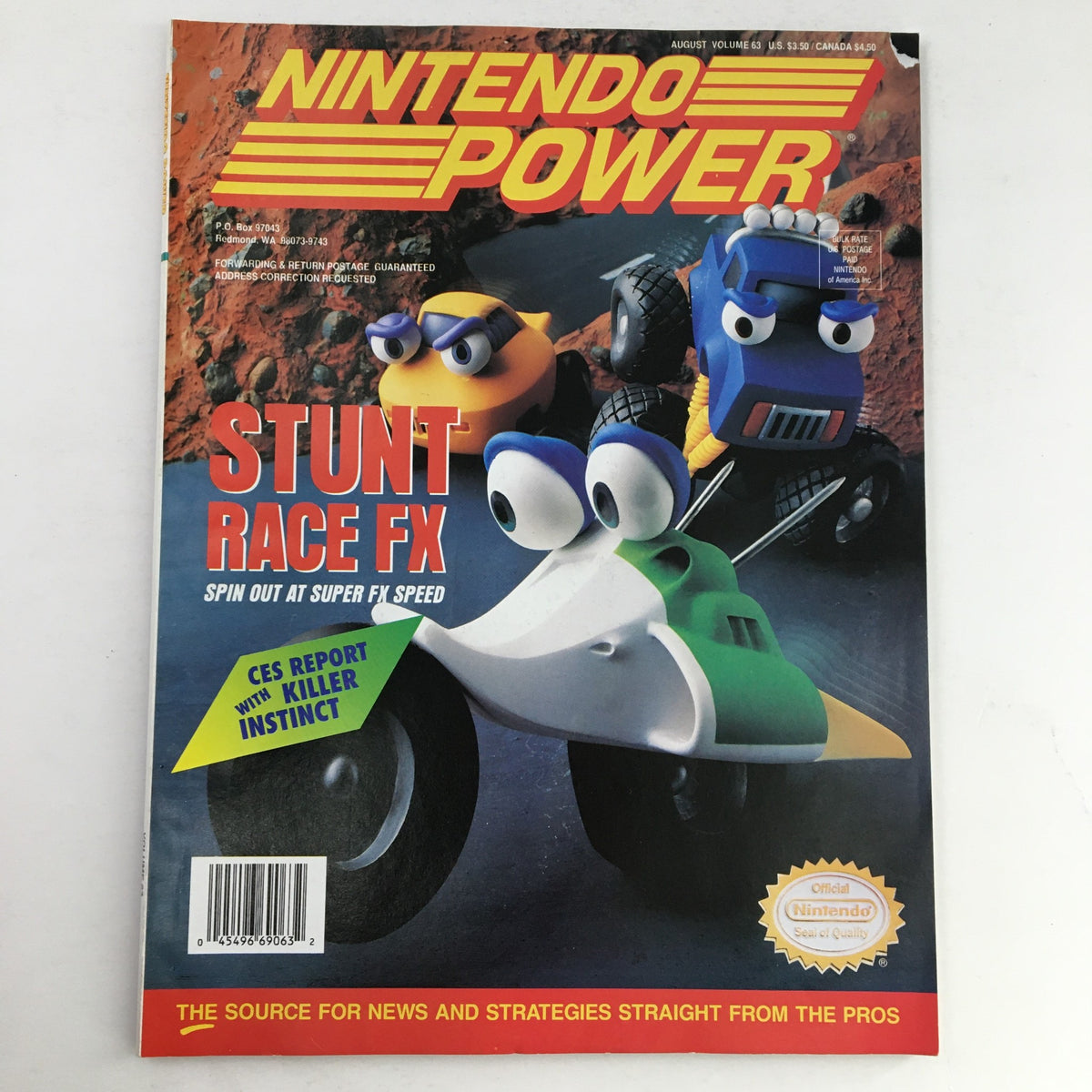 Cover of Nintendo Power Magazine August 1994 Vol 63 featuring Stunt Race FX Super Speed with colorful characters and vibrant design.